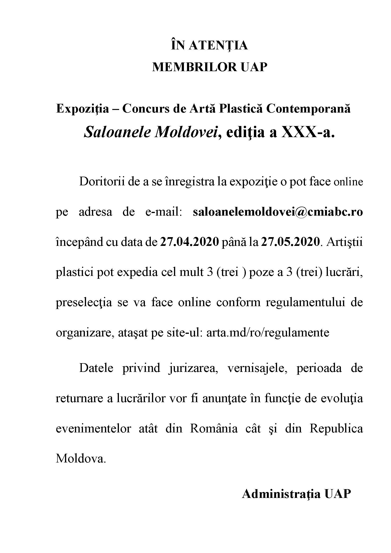 Anunţ. Saloanele Moldovei, ediţia a XXX-a, 2020